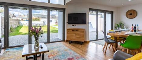 TV, fireplace, table tennis, books