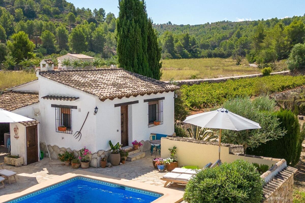 A villa with a swimming pool, surrounded by lush greenery and a vineyard in the background.
