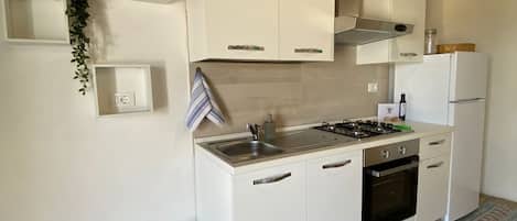 Refrigerador, horno, placa de cocina, utensilios de cocina