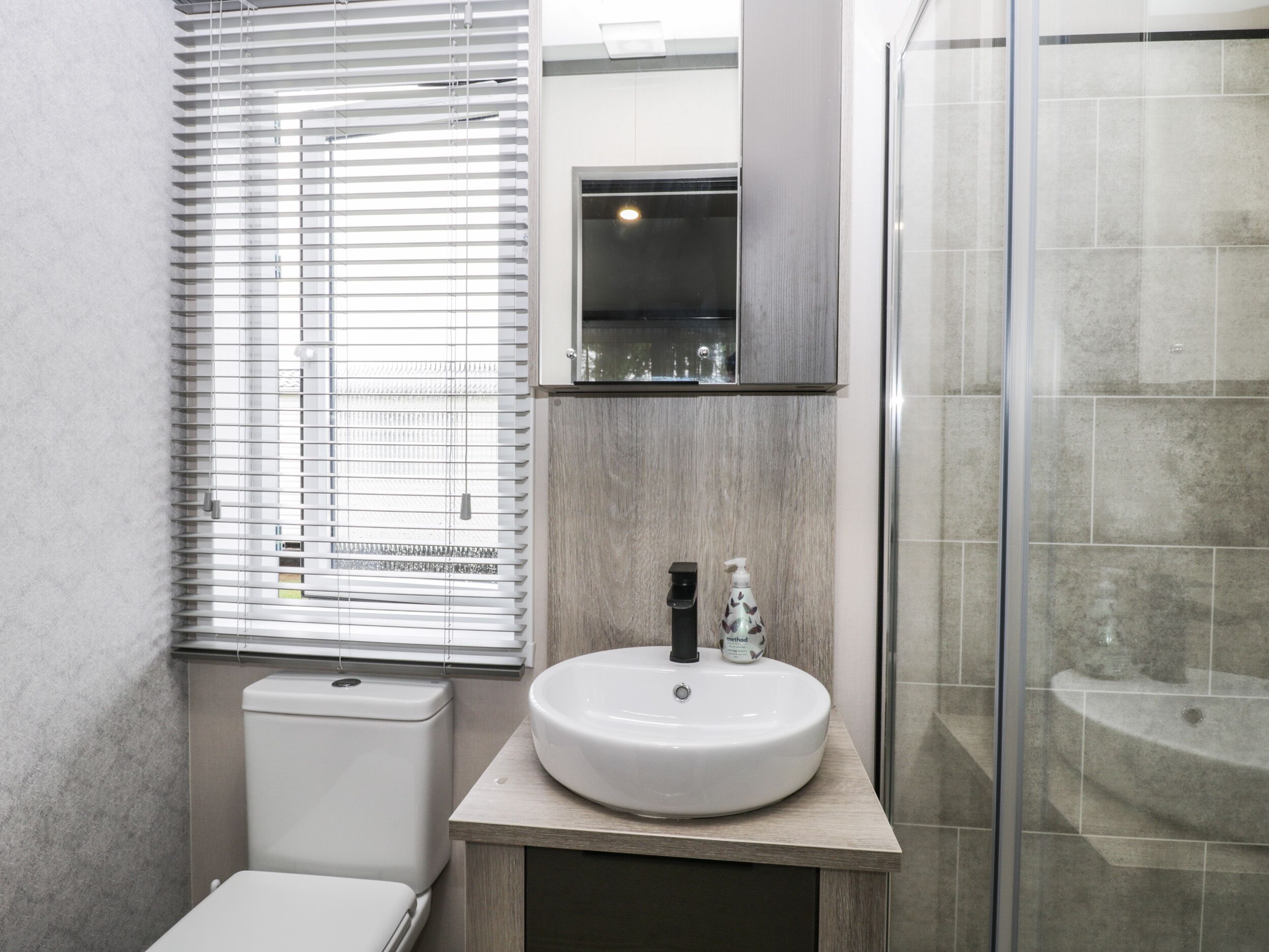 A modern bathroom with a toilet, sink, and glass shower enclosure.