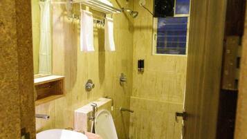 Shower, free toiletries, hair dryer, slippers