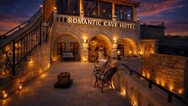 The exterior of the Romantic Cave Hotel with stone architecture, a staircase, outdoor seating area, and a fire pit.