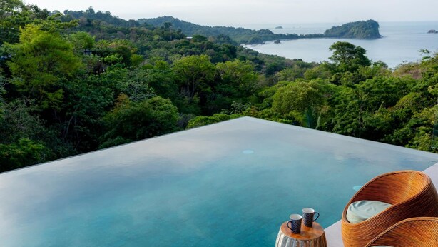 Une piscine à débordement offrant une vue sur un paysage boisé et un plan d’eau.