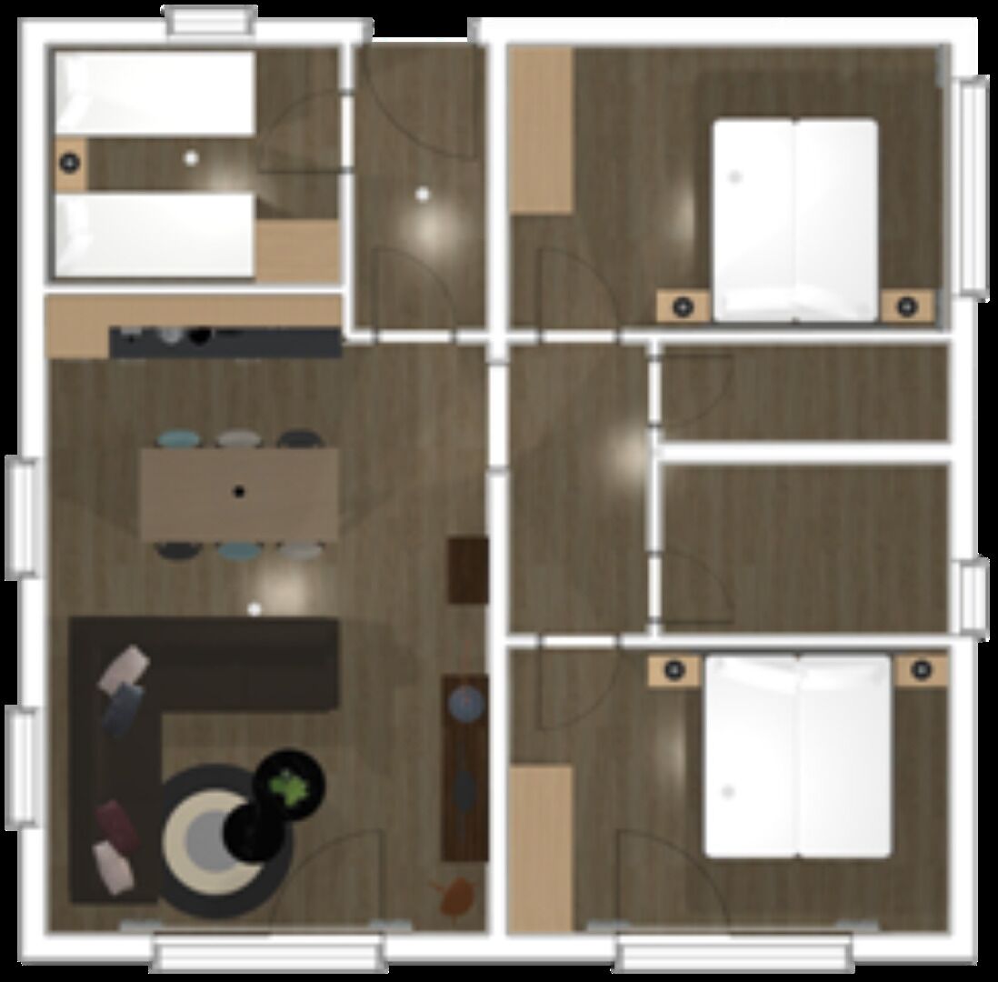 Un hôtel comprenant plusieurs chambres, un espace repas et une petite cuisine.