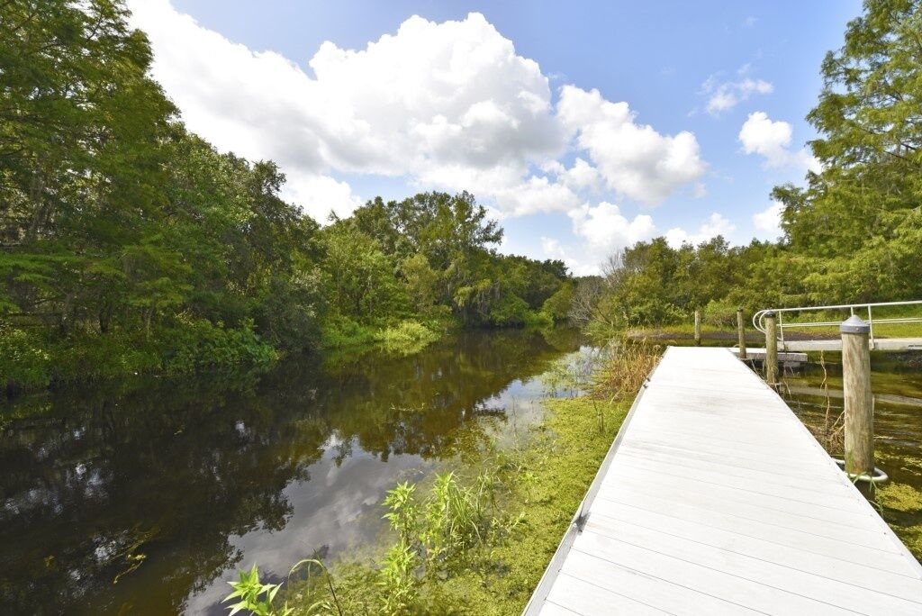A wooden boardwalk along a calm river, surrounded by lush greenery and trees.