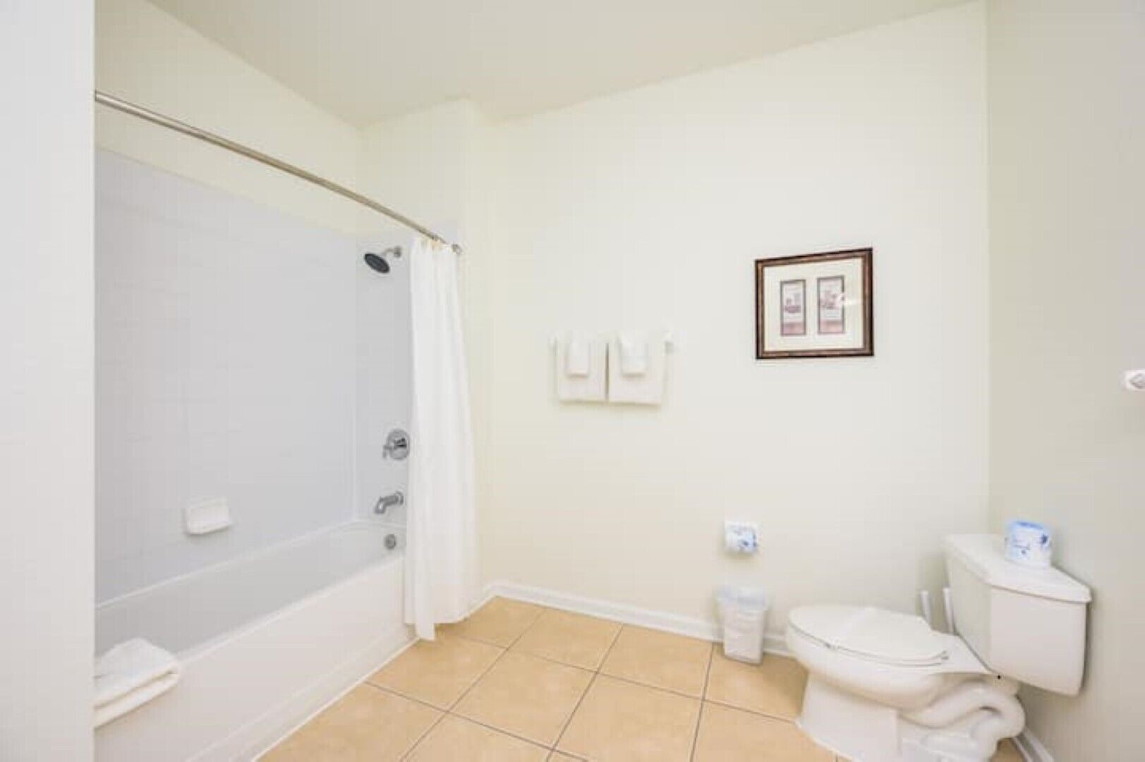Un baño con bañera, inodoro y un cuadro en la pared.