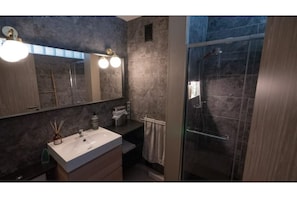 Shower, hair dryer, towels, toilet paper