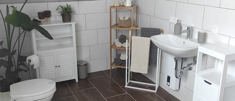 Regadera, toallas, jabón, papel de baño