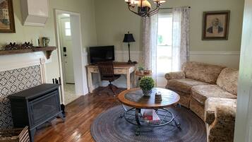 Smart TV, fireplace, books