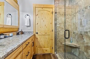 Combined shower/tub, hair dryer, towels, soap
