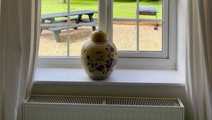 Et vindue med udsigt over en park, en hvid radiator og en dekorativ vase.
