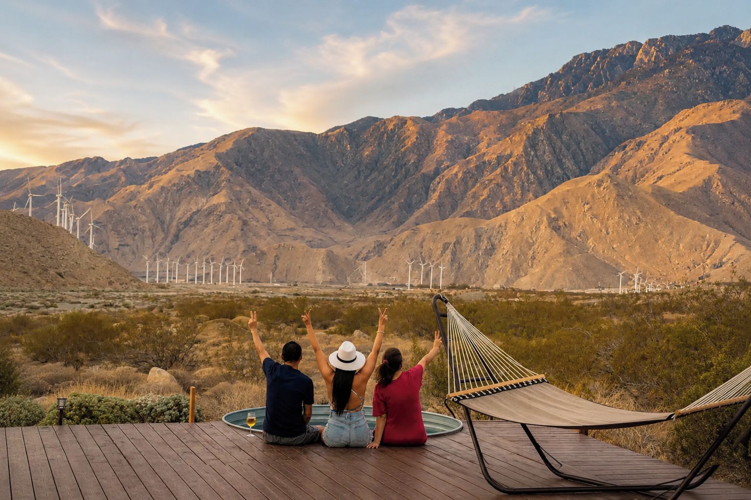 A wooden deck with a hammock, overlooking a desert landscape with mountains and wind turbines.