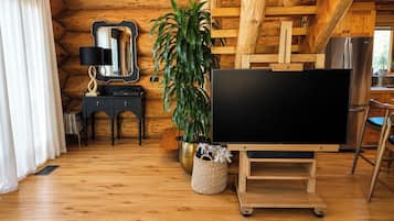 Quarto acolhedor com decoração em madeira, TV de tela plana em um suporte, uma planta e um espelho na parede.