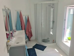Shower, hair dryer, towels