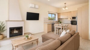 A modern living room with a fireplace, a dining area, and a kitchen with wooden cabinets and appliances.