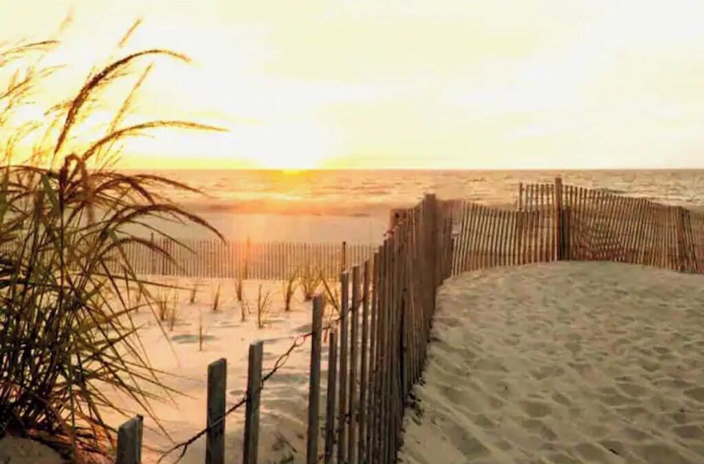 Ein Sandstrand mit einer Holzlattenumzäunung und spärlicher Vegetation.