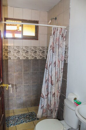 Shower, towels, soap, toilet paper