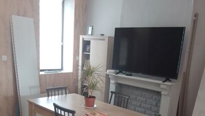A dining area with a wooden table and chairs, a potted plant, and a television mounted above a fireplace.