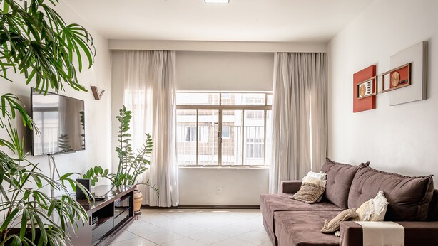 Un salon moderne avec une grande fenêtre, un canapé marron, un téléviseur posé sur un meuble en bois et plusieurs plantes en pot.