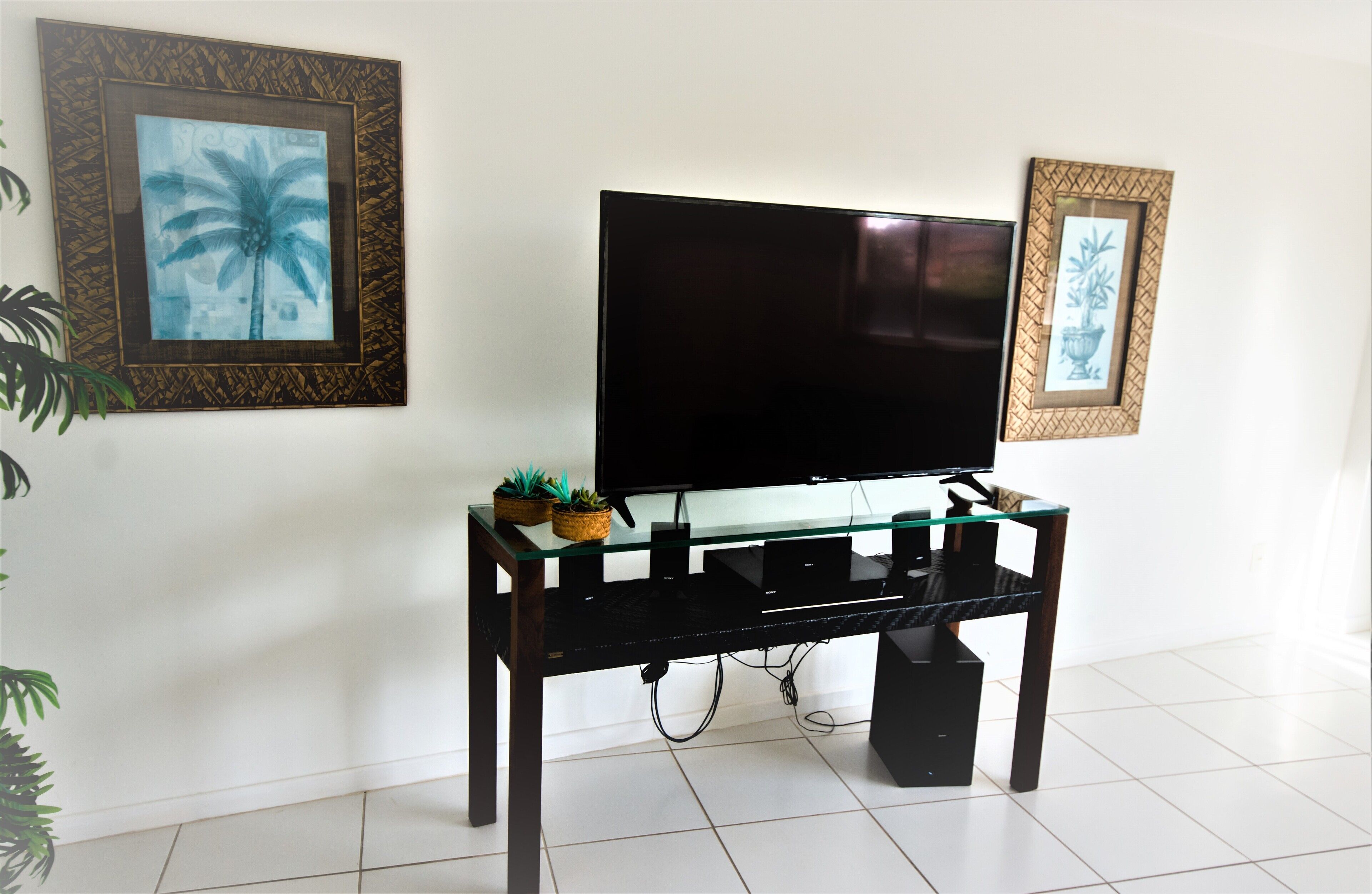 A living room with a glass-top coffee table, a flat-screen TV, and two framed pictures on the wall.