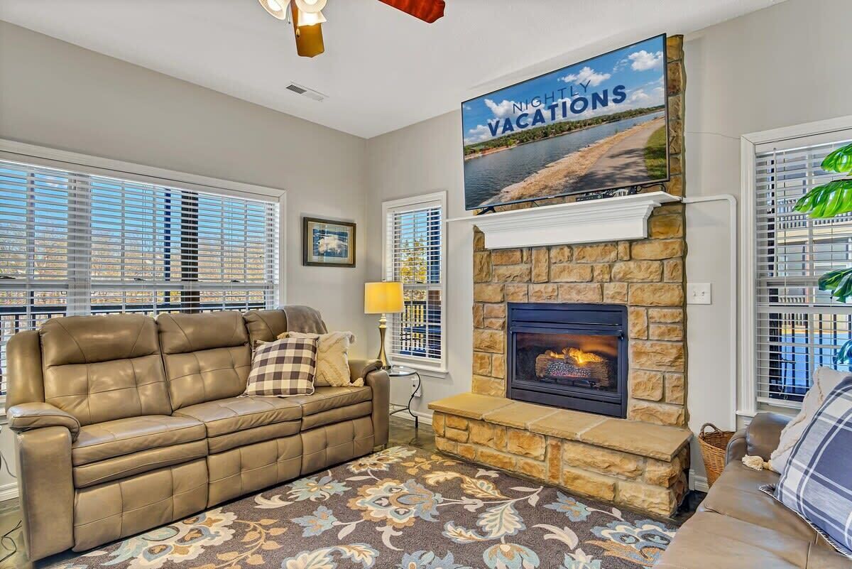 TV, fireplace, books, offices