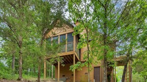 A wooden cabin surrounded by trees. - Modern Lodge, 3 Miles from Silver Dollar City! (Reeds Spring)