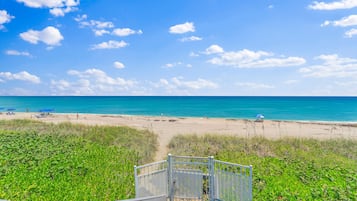 On the beach, sun loungers, beach towels
