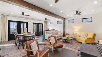 Smart TV, fireplace, books