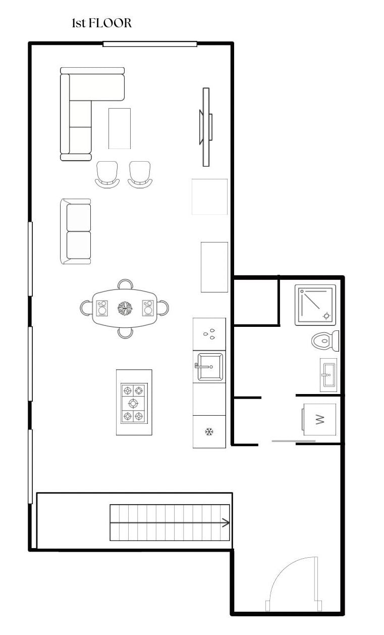 Distribución del primer piso con comedor, cocina y baño separado.