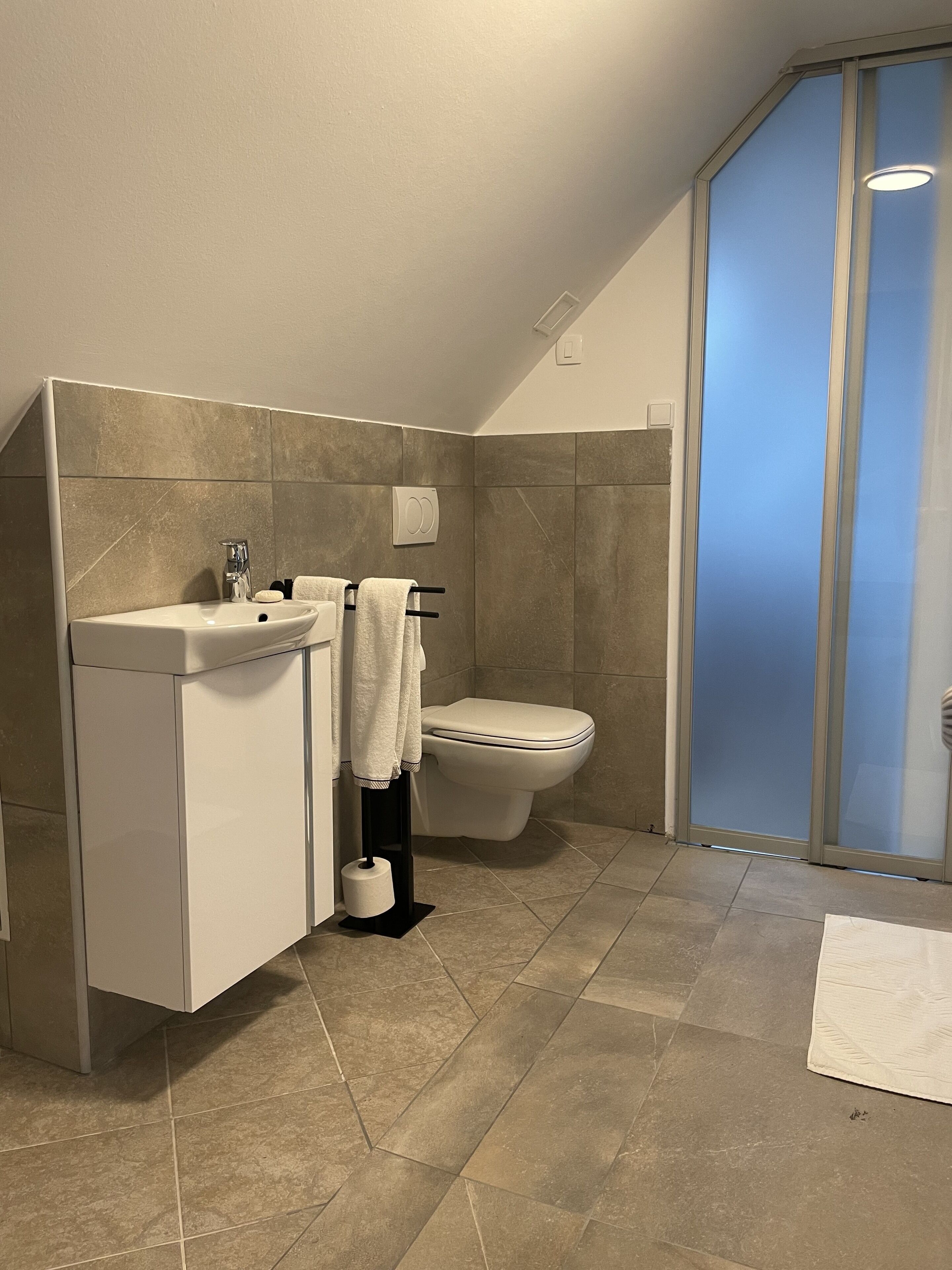 Une salle de bain moderne équipée de toilettes, d’un lavabo et d’une douche.