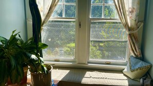 A window with a view of a garden, a potted plant, and a cushion on a windowsill. - Greenwood Bed & Breakfast (Greensboro)