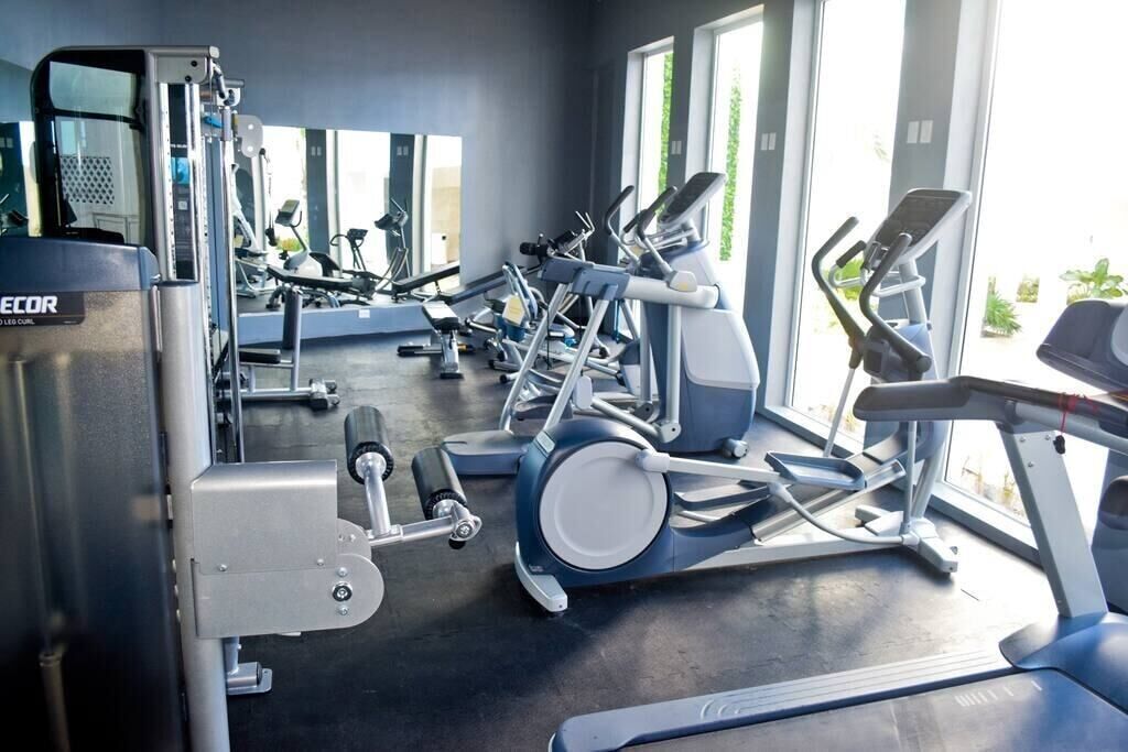 A gym with various exercise equipment, including treadmills and weight machines, arranged in a spacious room with large windows.