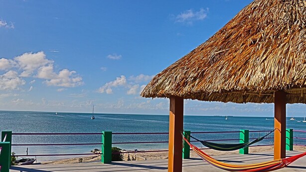A beach scene with a thatched-roof structure, a hammock, and a view of the ocean. - Waterfront 2 Bedroom/ 2 bath POOL home w/ Stunning Ocean Views!! (Caye Caulker Village)