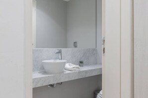 Shower, hair dryer, towels, shampoo