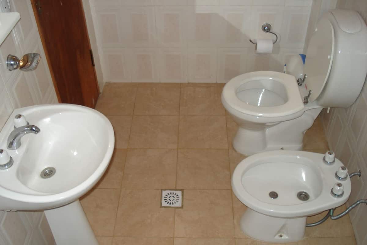 Un baño con dos inodoros, un lavamanos y una ducha.