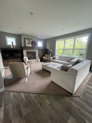 Smart TV, fireplace, video games, DVD player