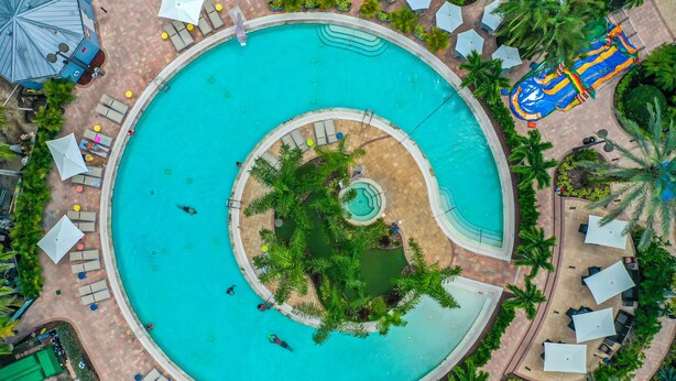 A large circular swimming pool with a central island, surrounded by lounge areas with umbrellas and palm trees. - Pet Friendly in Orlando area near Disney (Celebration)