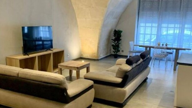 Een ruime woonkamer met een hoge gewelfde plafond, een flatscreen televisie, twee banken, een kleine tafel en een raam met dunne gordijnen.