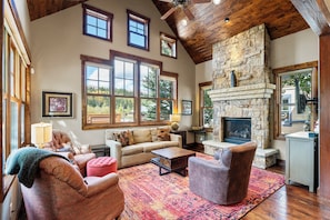 Smart TV, chimenea, reproductor de DVD y libros 