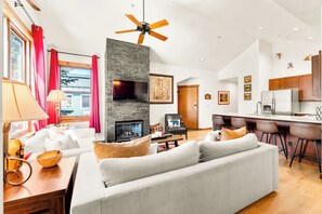 TV, caminetto, lettore DVD, libri