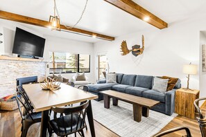 Smart TV, chimenea y estéreo