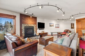 Smart TV, fireplace, books