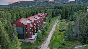 En rad moderna, höga byggnader med en grusväg som leder fram till dem, omgivna av tät skog och berg i bakgrunden.