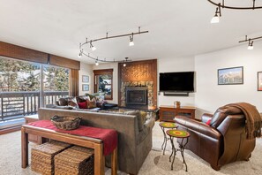 Smart TV, fireplace, books