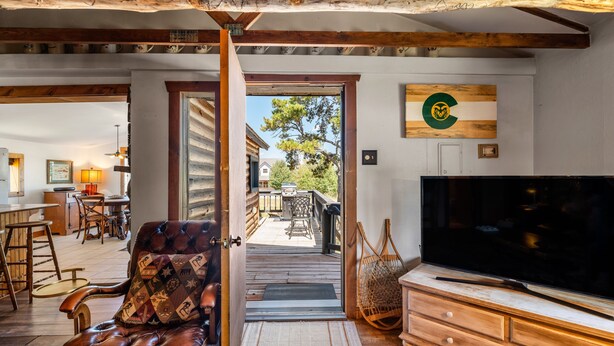 A cozy living room with a leather chair, a TV, and a wooden cabinet. A door leads to an outdoor deck with a table and chairs. - Meet me in the Rockies! Cute cabin 30 min to Breck (Fairplay)