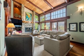 Smart TV, caminetto, lettore DVD, libri