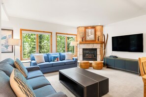 Televisión, chimenea y reproductor de DVD 