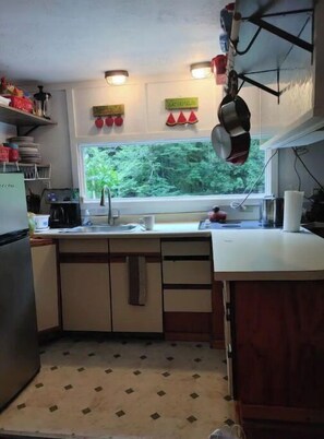 Fridge, oven, coffee/tea maker, toaster