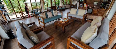 Books, music library, stereo, printers