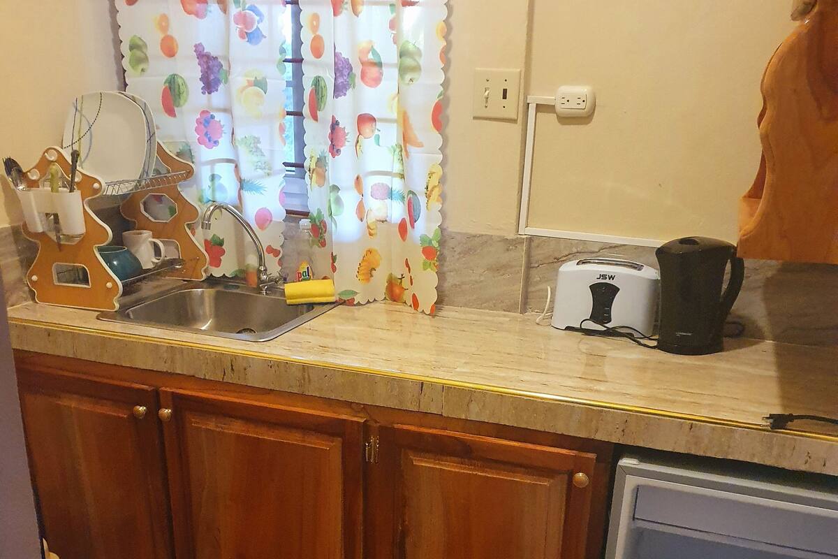 A kitchen with wooden cabinets, a stainless steel sink, a toaster, and a kettle on the counter.